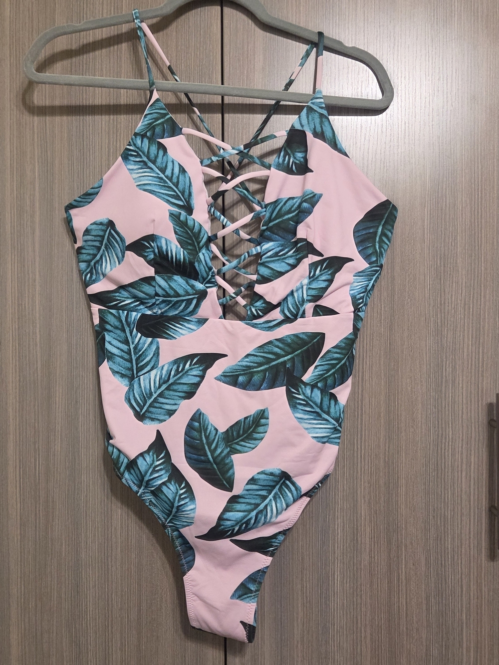 Pink One-Piece Swimsuit with Teal Tropical Leaf Print